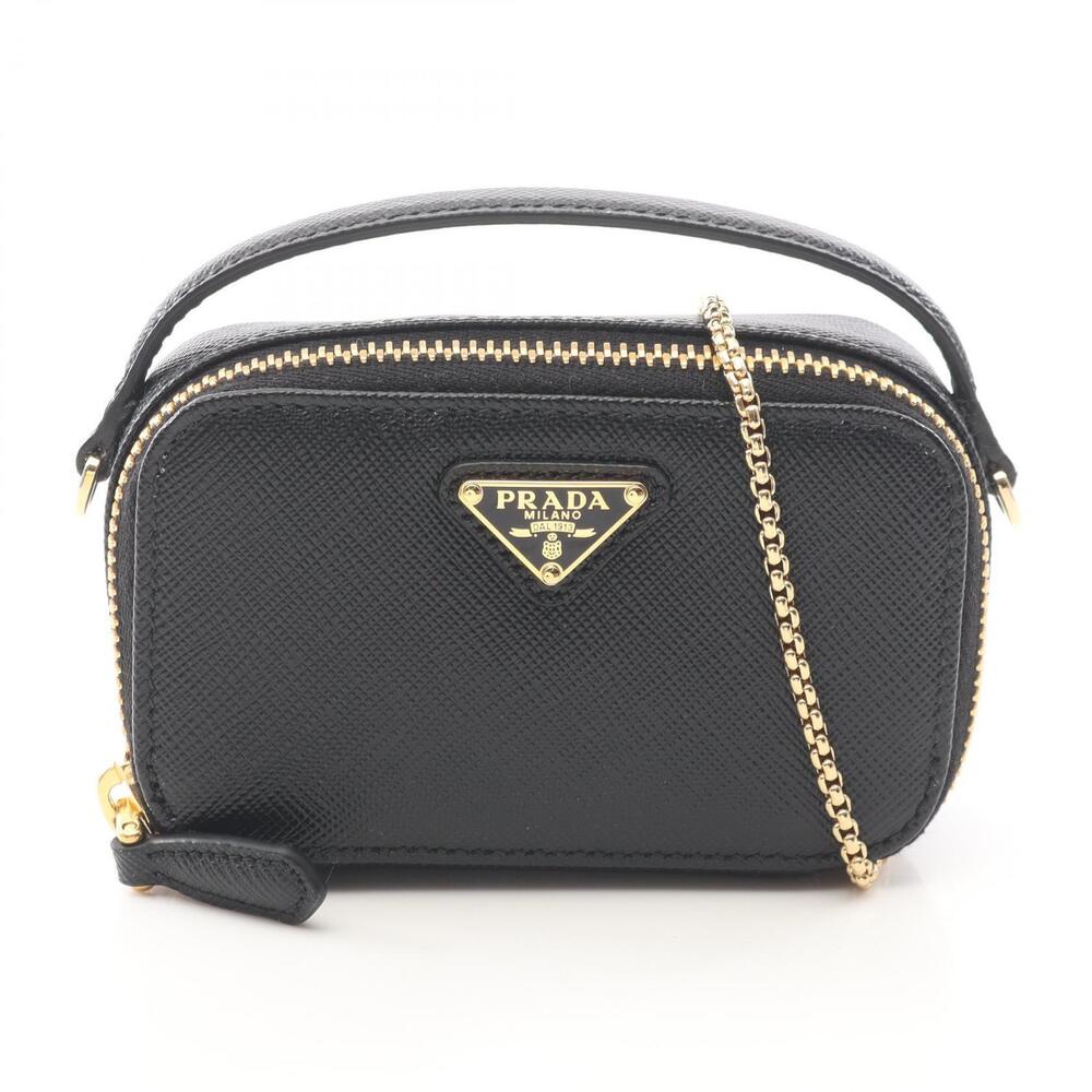 Prada Saffiano Triangle Pouch Clutch Shoulder Bag Leather Black
